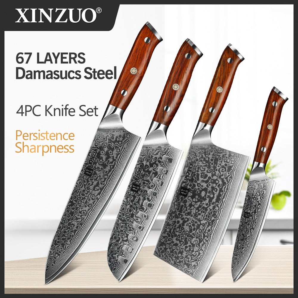 XINZUO 1/4PC Kitchen Knife Sets vg10 Core Damascus Steel Chef Santoku Utility Cleaver Knives Stainless Steel Slicing Meat Cutlery - Plushlegacy