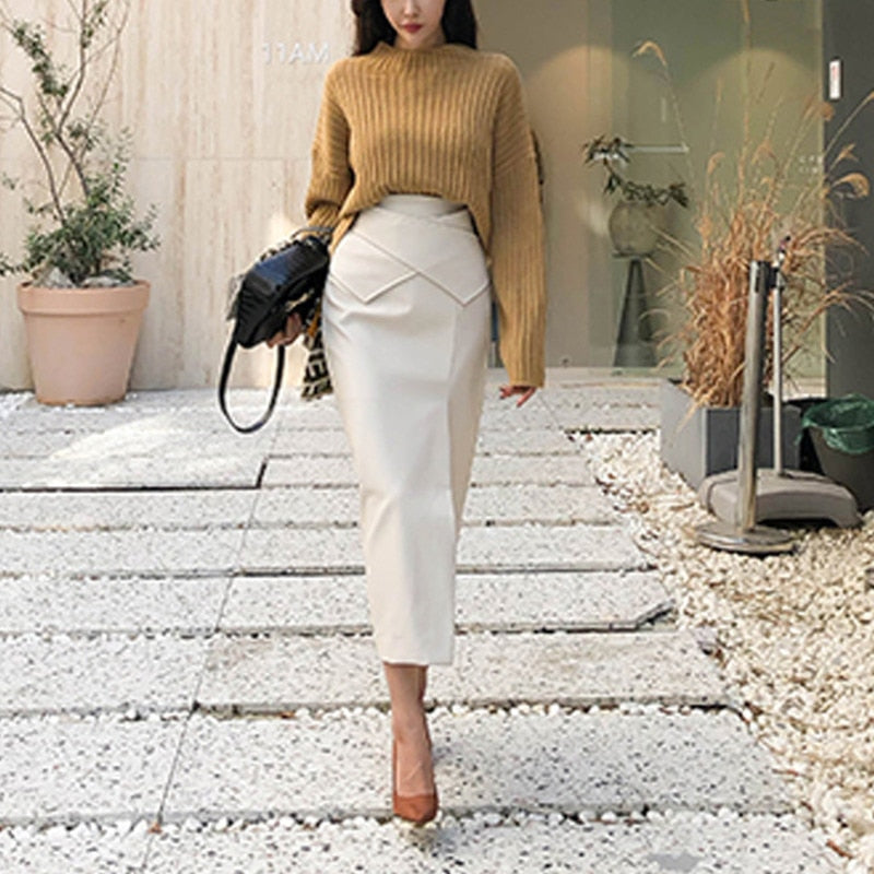 Gray fashion leather skirt female autumn and winter khaki white high waist one step skirt package hip half-length long skirt - Plushlegacy